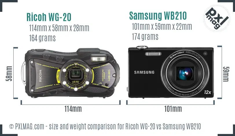 Ricoh WG-20 vs Samsung WB210 size comparison