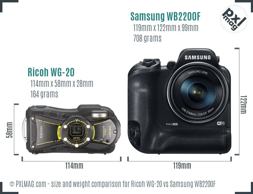 Ricoh WG-20 vs Samsung WB2200F size comparison