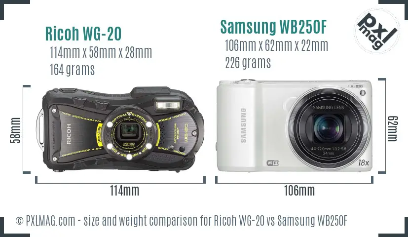 Ricoh WG-20 vs Samsung WB250F size comparison