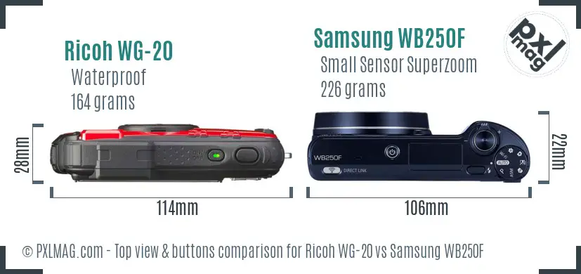 Ricoh WG-20 vs Samsung WB250F top view buttons comparison