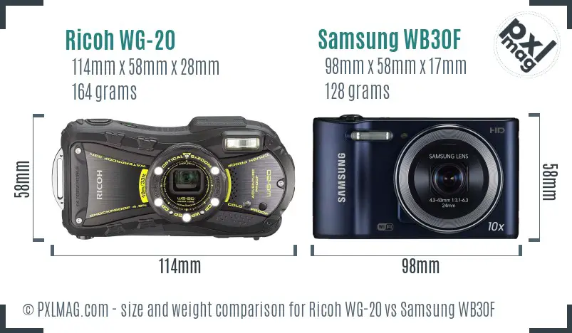 Ricoh WG-20 vs Samsung WB30F size comparison