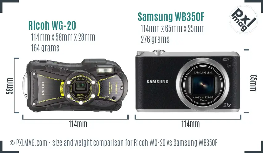 Ricoh WG-20 vs Samsung WB350F size comparison