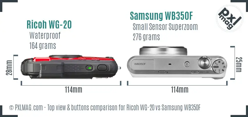 Ricoh WG-20 vs Samsung WB350F top view buttons comparison