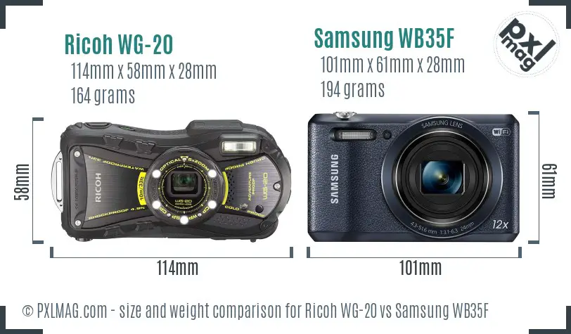 Ricoh WG-20 vs Samsung WB35F size comparison