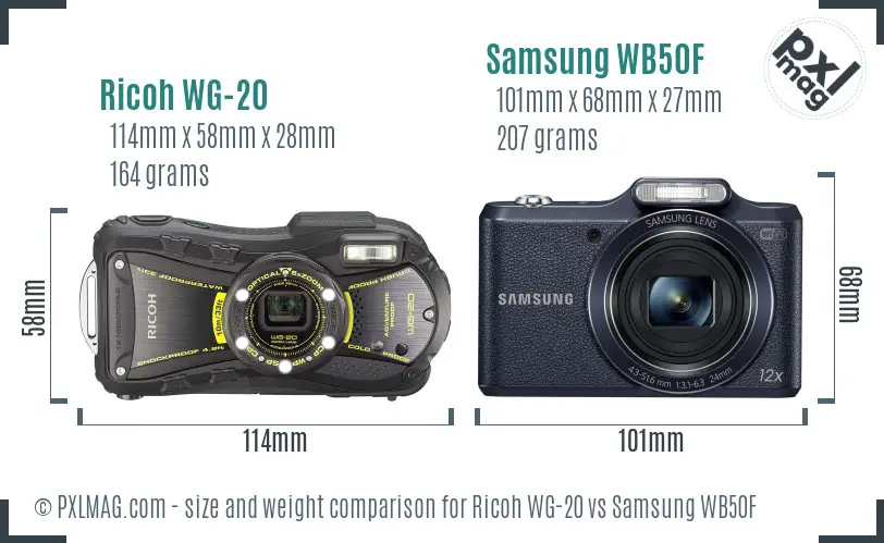 Ricoh WG-20 vs Samsung WB50F size comparison