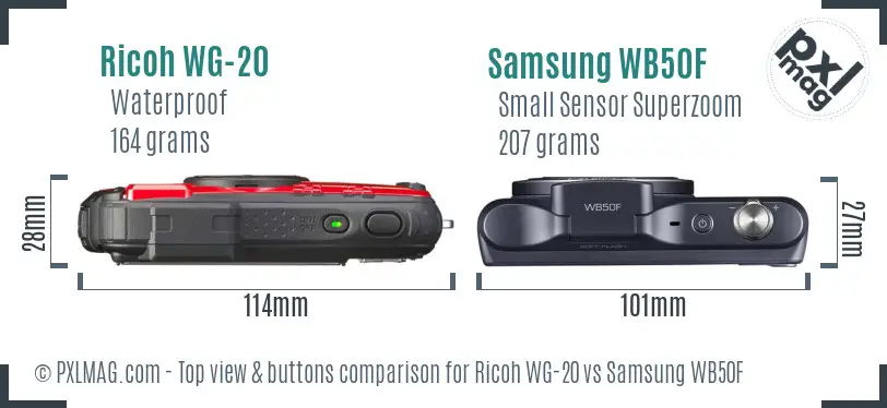 Ricoh WG-20 vs Samsung WB50F top view buttons comparison