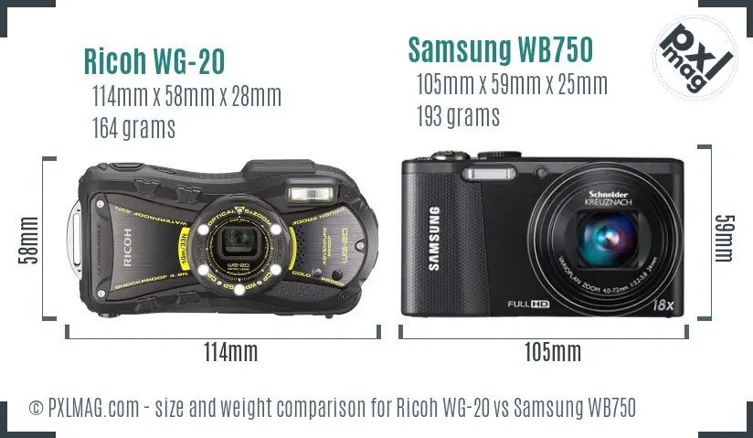 Ricoh WG-20 vs Samsung WB750 size comparison