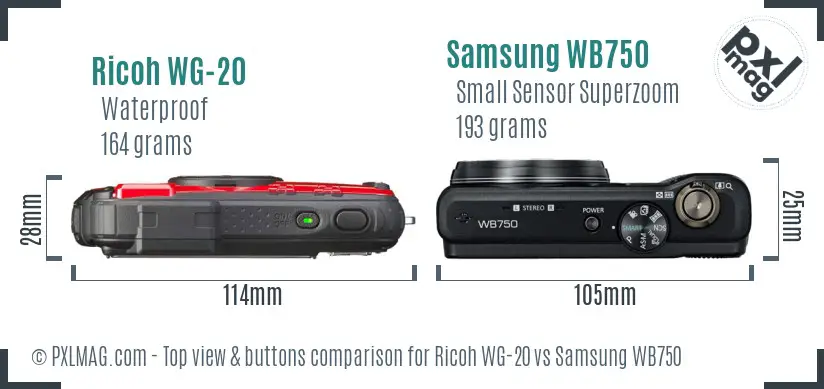 Ricoh WG-20 vs Samsung WB750 top view buttons comparison