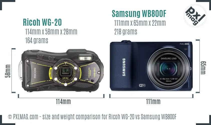 Ricoh WG-20 vs Samsung WB800F size comparison