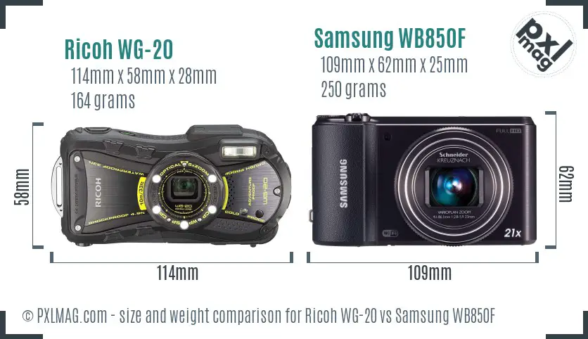 Ricoh WG-20 vs Samsung WB850F size comparison