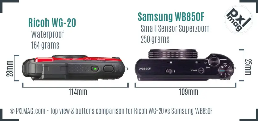 Ricoh WG-20 vs Samsung WB850F top view buttons comparison