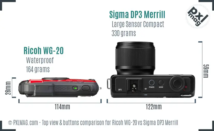 Ricoh WG-20 vs Sigma DP3 Merrill top view buttons comparison