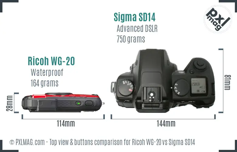 Ricoh WG-20 vs Sigma SD14 top view buttons comparison