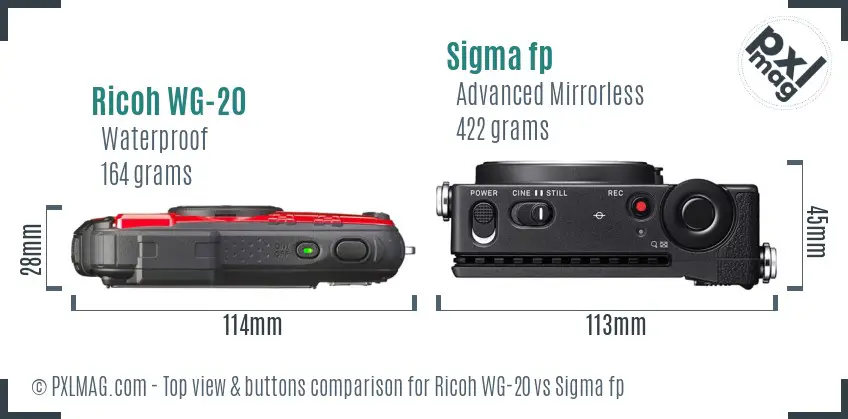 Ricoh WG-20 vs Sigma fp top view buttons comparison