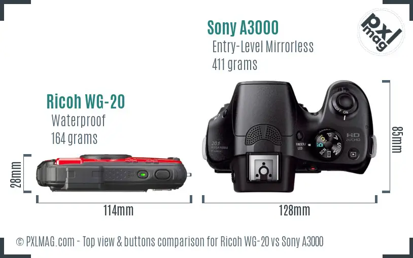 Ricoh WG-20 vs Sony A3000 top view buttons comparison