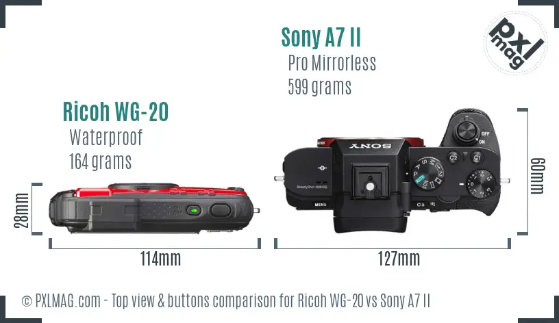 Ricoh WG-20 vs Sony A7 II top view buttons comparison