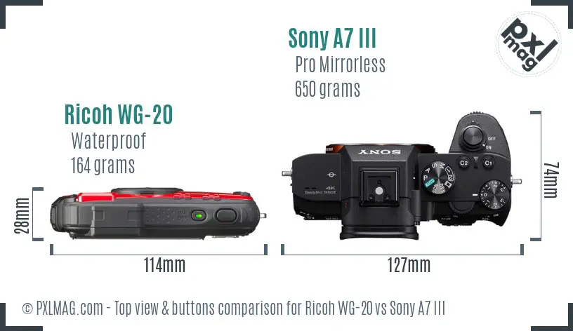 Ricoh WG-20 vs Sony A7 III top view buttons comparison