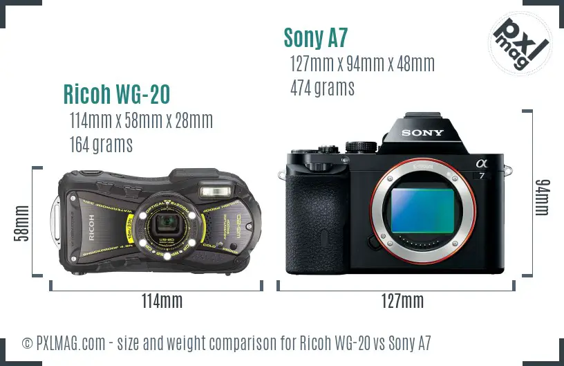 Ricoh WG-20 vs Sony A7 size comparison