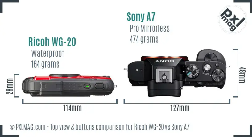 Ricoh WG-20 vs Sony A7 top view buttons comparison