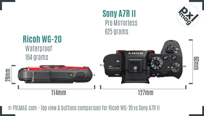 Ricoh WG-20 vs Sony A7R II top view buttons comparison