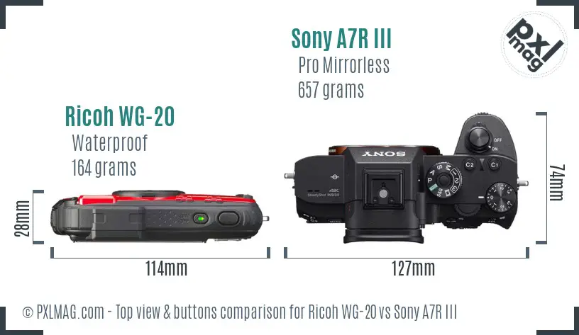 Ricoh WG-20 vs Sony A7R III top view buttons comparison