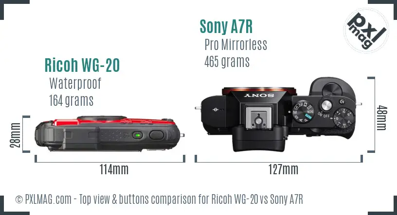 Ricoh WG-20 vs Sony A7R top view buttons comparison
