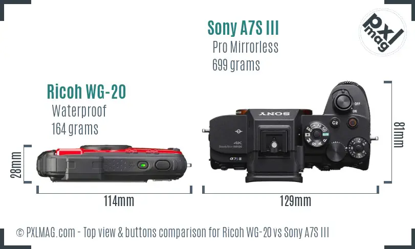 Ricoh WG-20 vs Sony A7S III top view buttons comparison