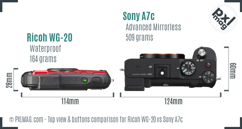 Ricoh WG-20 vs Sony A7c top view buttons comparison