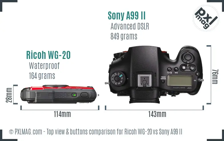 Ricoh WG-20 vs Sony A99 II top view buttons comparison Ricoh WG-20 vs Sony A99 II top view buttons comparison