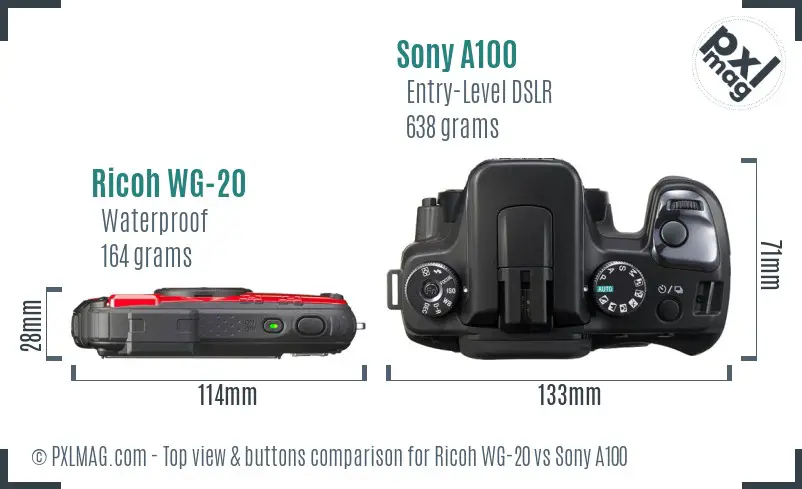 Ricoh WG-20 vs Sony A100 top view buttons comparison Ricoh WG-20 vs Sony A100 top view buttons comparison