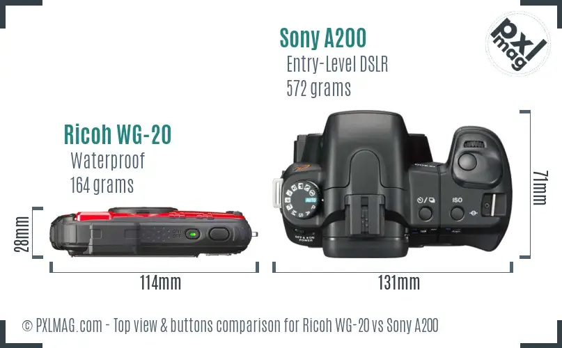 Ricoh WG-20 vs Sony A200 top view buttons comparison Ricoh WG-20 vs Sony A200 top view buttons comparison
