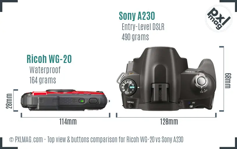 Ricoh WG-20 vs Sony A230 top view buttons comparison Ricoh WG-20 vs Sony A230 top view buttons comparison