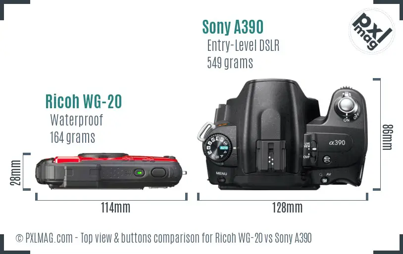 Ricoh WG-20 vs Sony A390 top view buttons comparison