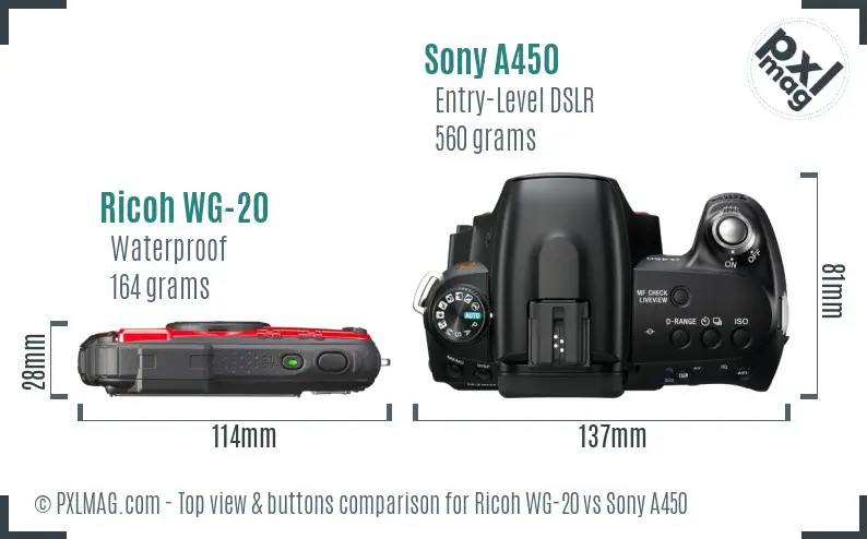 Ricoh WG-20 vs Sony A450 top view buttons comparison