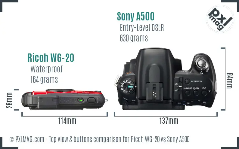 Ricoh WG-20 vs Sony A500 top view buttons comparison