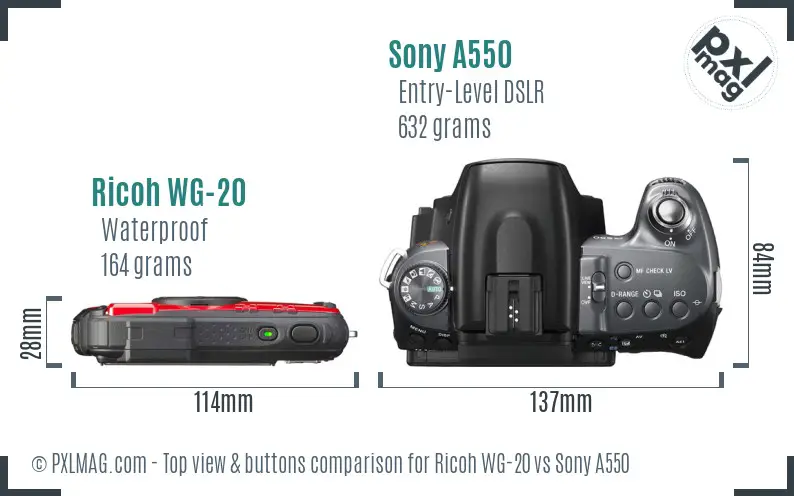 Ricoh WG-20 vs Sony A550 top view buttons comparison