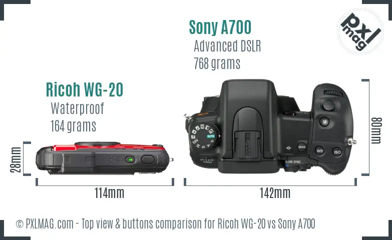 Ricoh WG-20 vs Sony A700 top view buttons comparison Ricoh WG-20 vs Sony A700 top view buttons comparison