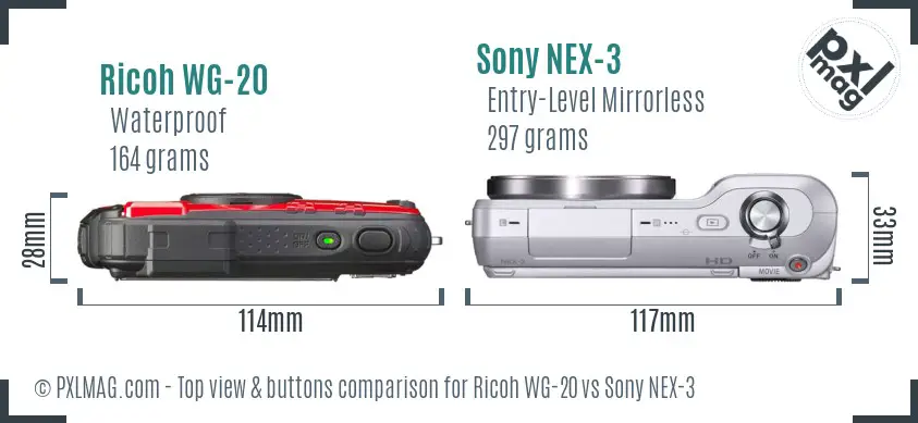 Ricoh WG-20 vs Sony NEX-3 top view buttons comparison