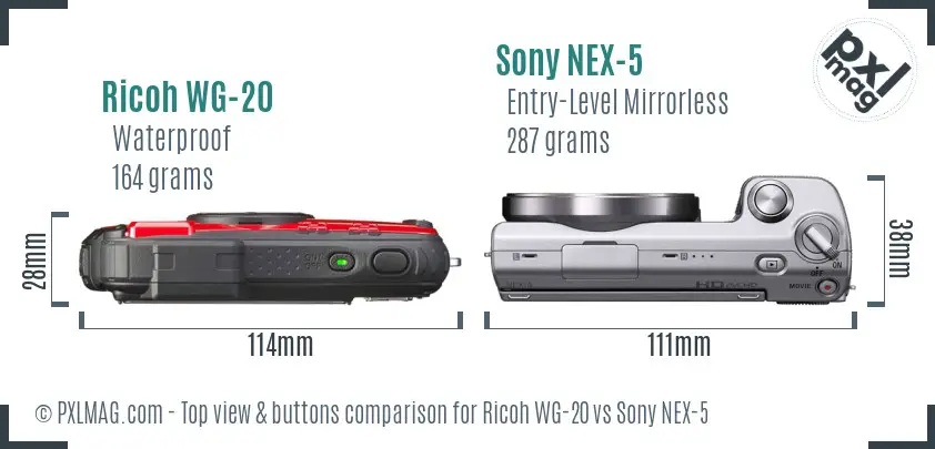 Ricoh WG-20 vs Sony NEX-5 top view buttons comparison Ricoh WG-20 vs Sony NEX-5 top view buttons comparison