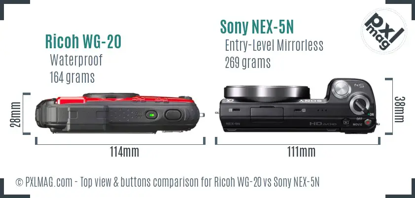 Ricoh WG-20 vs Sony NEX-5N top view buttons comparison Ricoh WG-20 vs Sony NEX-5N top view buttons comparison