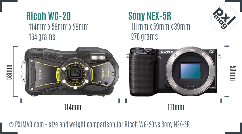 Ricoh WG-20 vs Sony NEX-5R size comparison