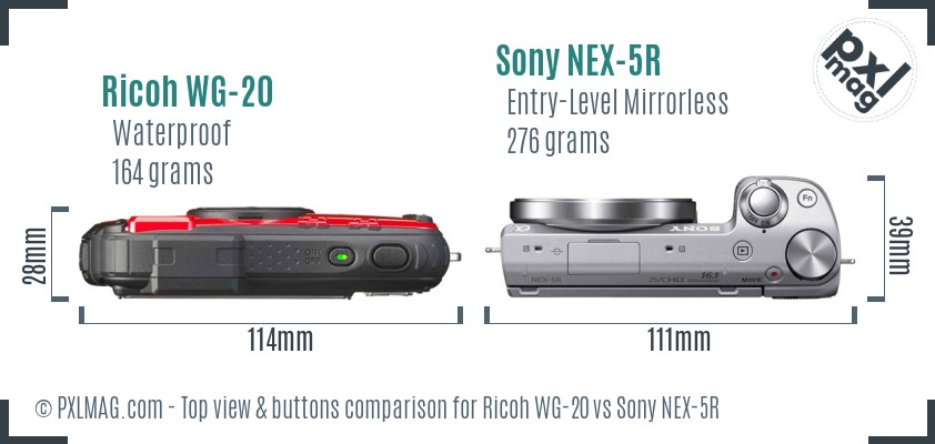 Ricoh WG-20 vs Sony NEX-5R top view buttons comparison