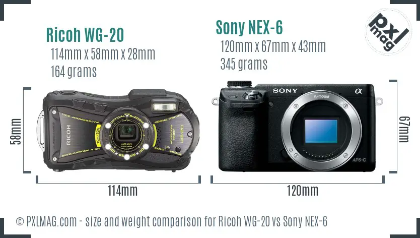 Ricoh WG-20 vs Sony NEX-6 size comparison