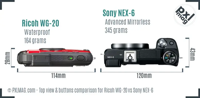 Ricoh WG-20 vs Sony NEX-6 top view buttons comparison