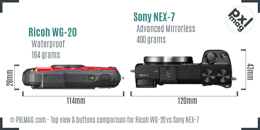 Ricoh WG-20 vs Sony NEX-7 top view buttons comparison