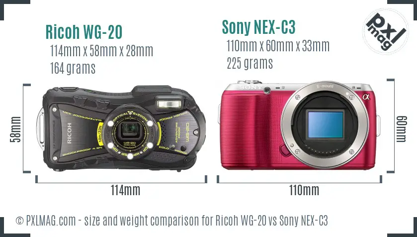 Ricoh WG-20 vs Sony NEX-C3 size comparison