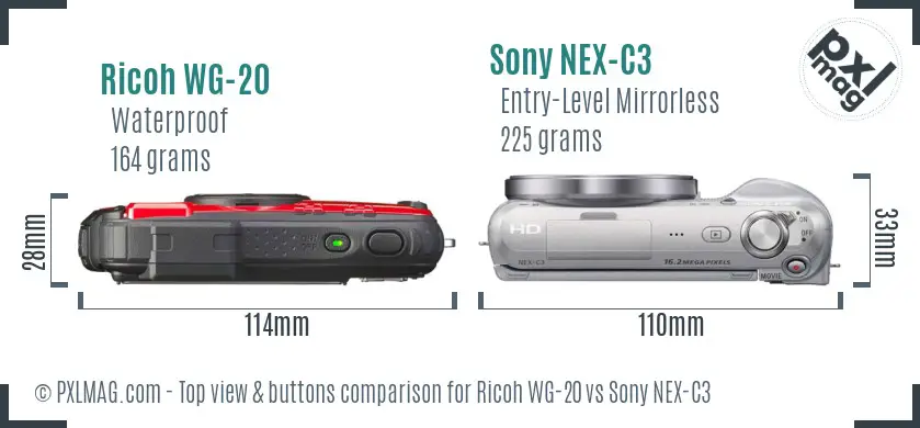 Ricoh WG-20 vs Sony NEX-C3 top view buttons comparison