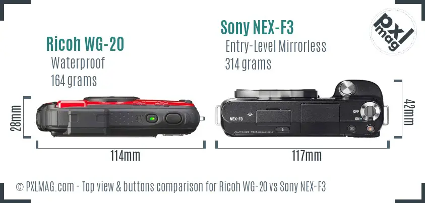 Ricoh WG-20 vs Sony NEX-F3 top view buttons comparison Ricoh WG-20 vs Sony NEX-F3 top view buttons comparison