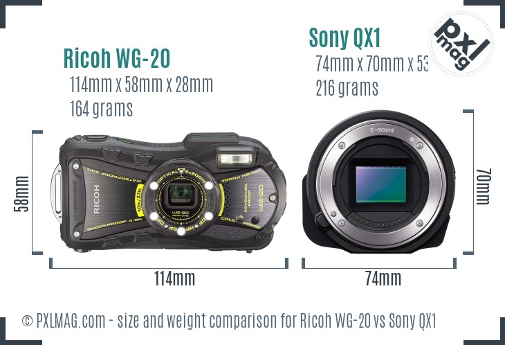 Ricoh WG-20 vs Sony QX1 size comparison