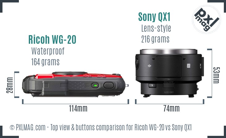 Ricoh WG-20 vs Sony QX1 top view buttons comparison